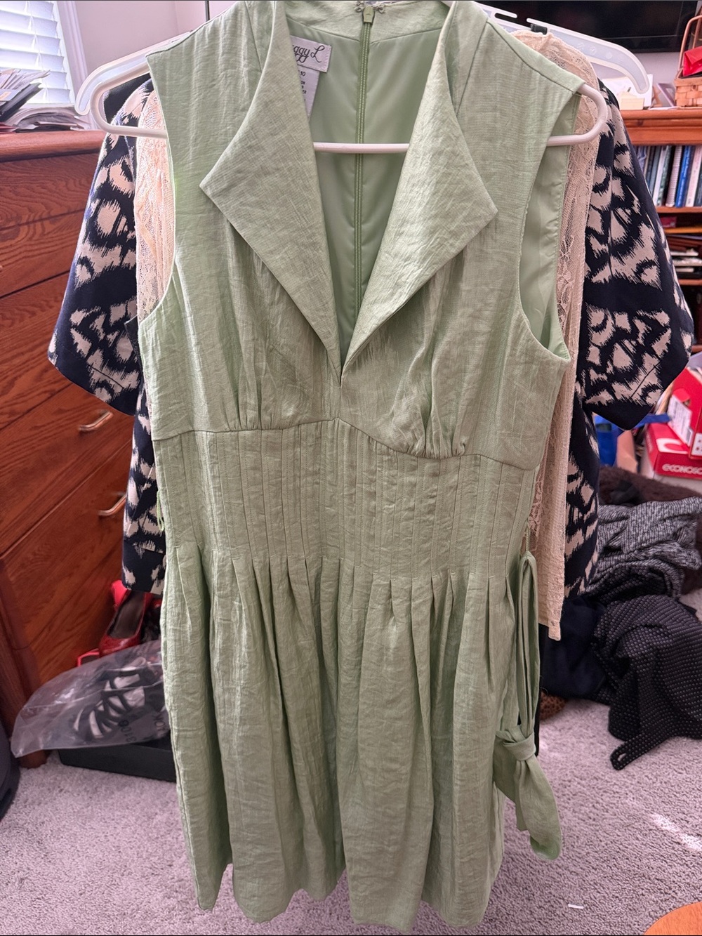 Sleeveless Sage Green Midi Dress with Notch Collar